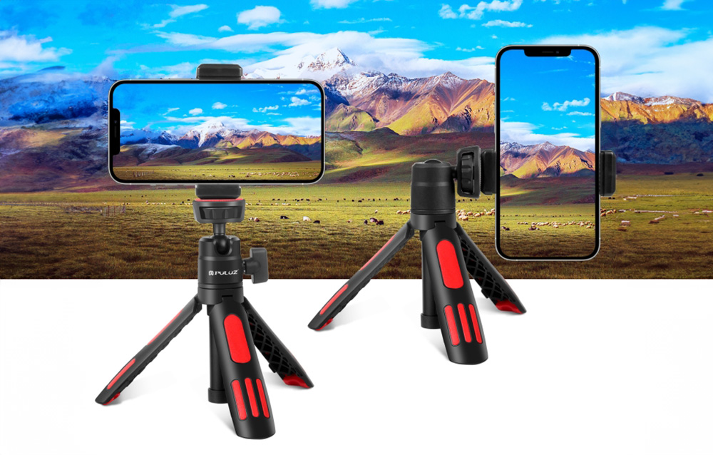 Two tripods with phones in vertical and horizontal positions against a mountain landscape