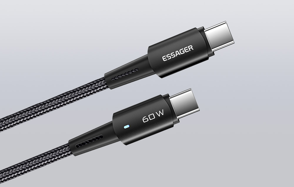 Kabel Essager USB-C do USB-C na szarym tle.